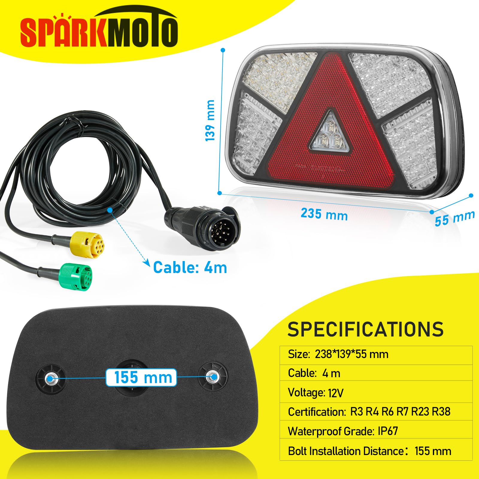 Kit Pilotos Traseros Remolque LED 13 Pines,12V Luces LED Remolque Con Cable 5 m y Enchufe 13 Pines & Conector Bayoneta 6 Pines,Luz Trasera Remolque Homologados