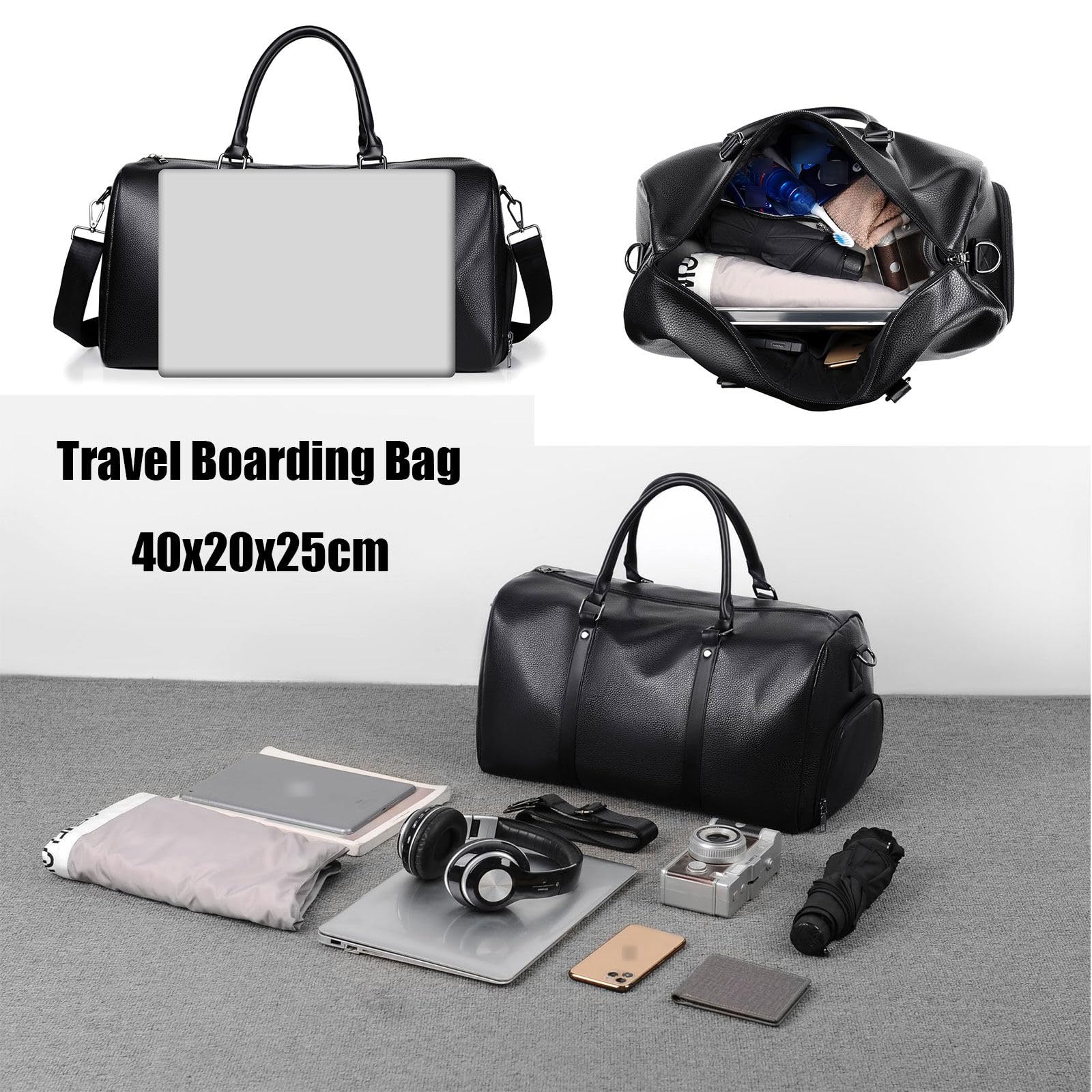 BEITH Borsone Palestra Uomo, Pelle Sintetica Borsone da Viaggio, Borsa Sportiva con Scomparto Scarpe, 40x20x25cm Disponibile per l'imbarco, Separazione a Secco e ad Umido, Impermeabile e Durevole