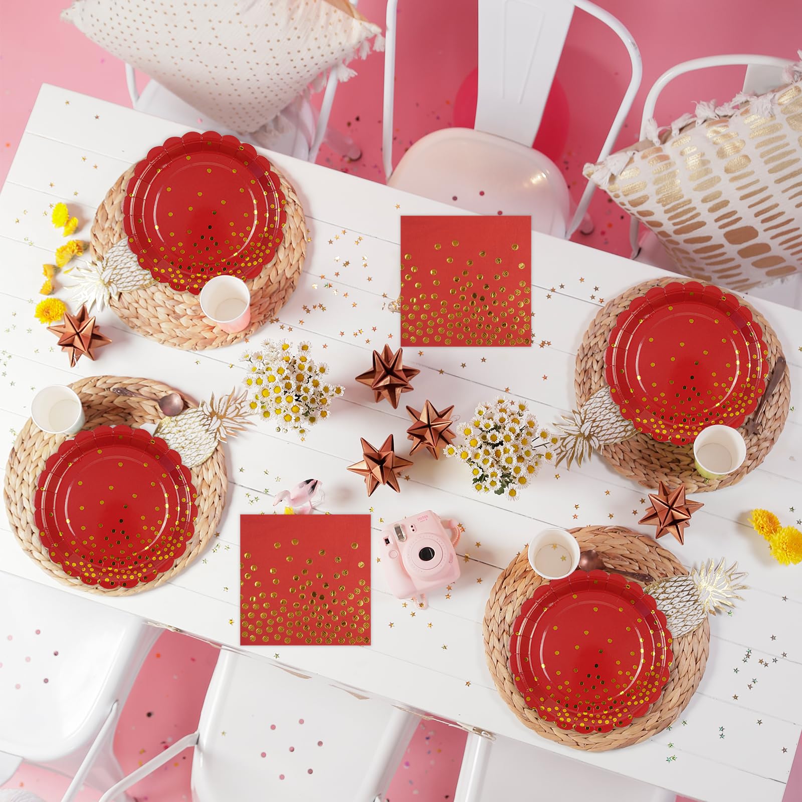 Juego de 50 platos y servilletas de papel rojo – Platos desechables de fiesta de lunares rojos y dorados, vajilla para decoración de cumpleaños, Navidad, compromiso y bodas