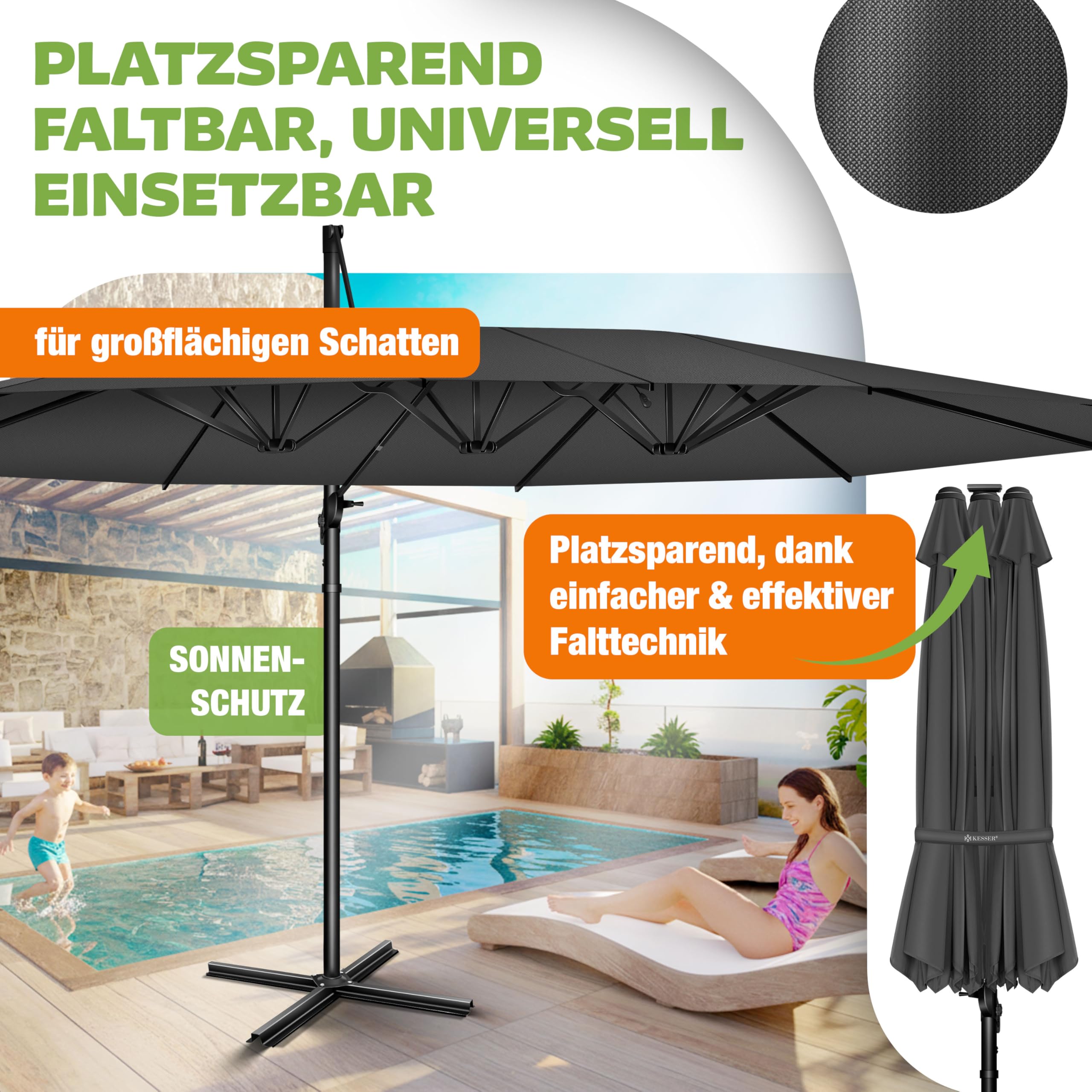 KESSER® Sonnenschirm Doppelsonnenschirm 4,6m x 2,7m | Ampelschirm Abdeckung & Windsicherung mit Kurbel & Ständer | Kurbelschirm Aluminium wasserabweisend | Neigbar Kippbar 360° Drehbar