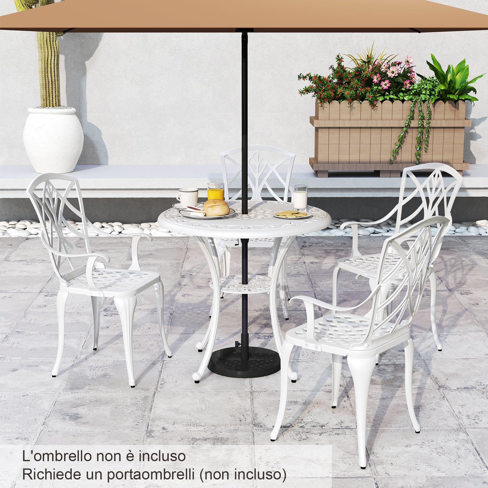 COSTWAY Set Tavolo e Sedie da Giardino, Set da Bistro 5 Pezzi con Foro per Ombrello, Tavolo da Pranzo e 4 Sedie, Arredamento da Giardino in Alluminio, per Giardino e Balcone, Bianco (Modello 2)