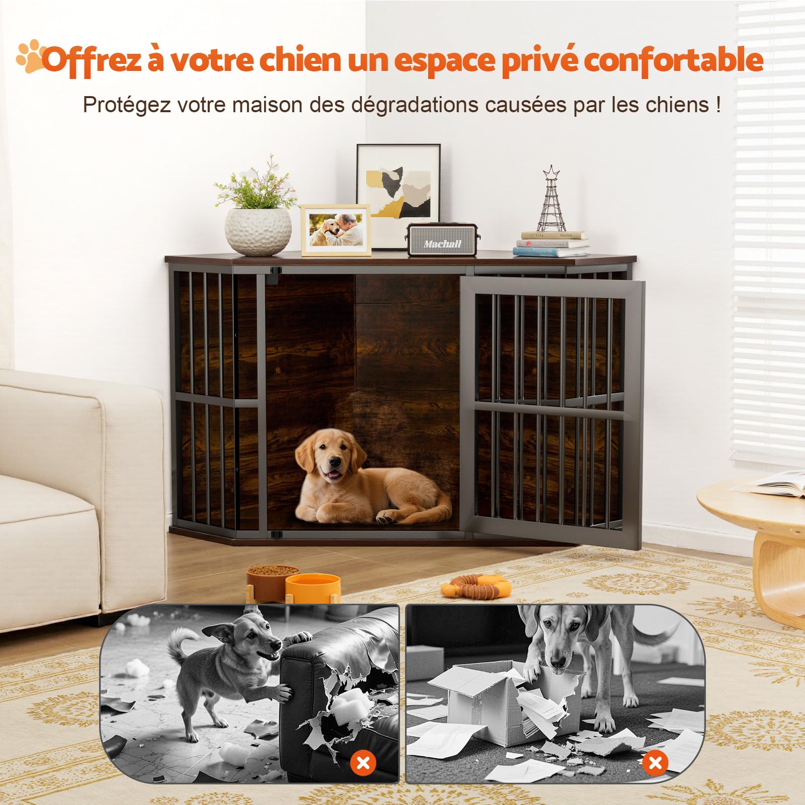 Gimars Meuble d’Angle pour Chien, Cage Décorative en Bois, Table d’Appoint Intérieure pour Chien de Petite et Moyenne Taille, Marron