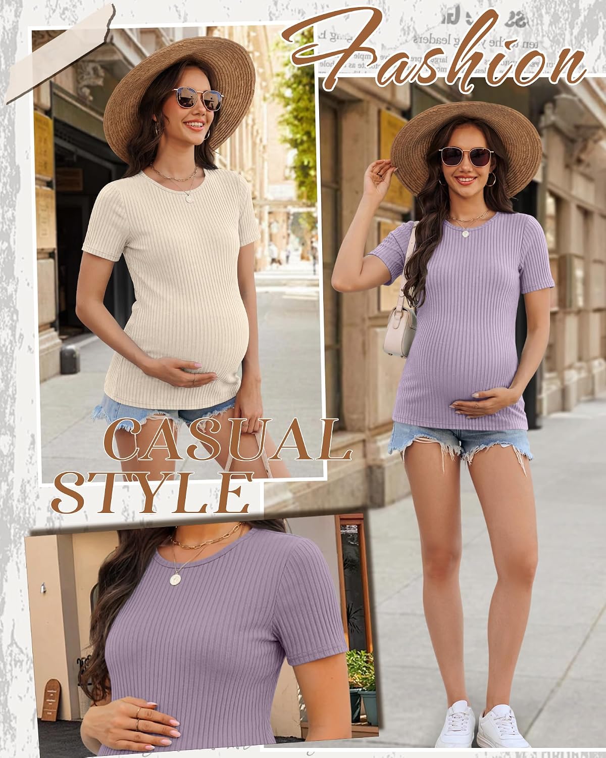 4 Pack Women's Maternity Shirts Ribbed Knit Short Sleeve Pregnancy Tops Crew Neck Work Tees Casual Summer Clothes