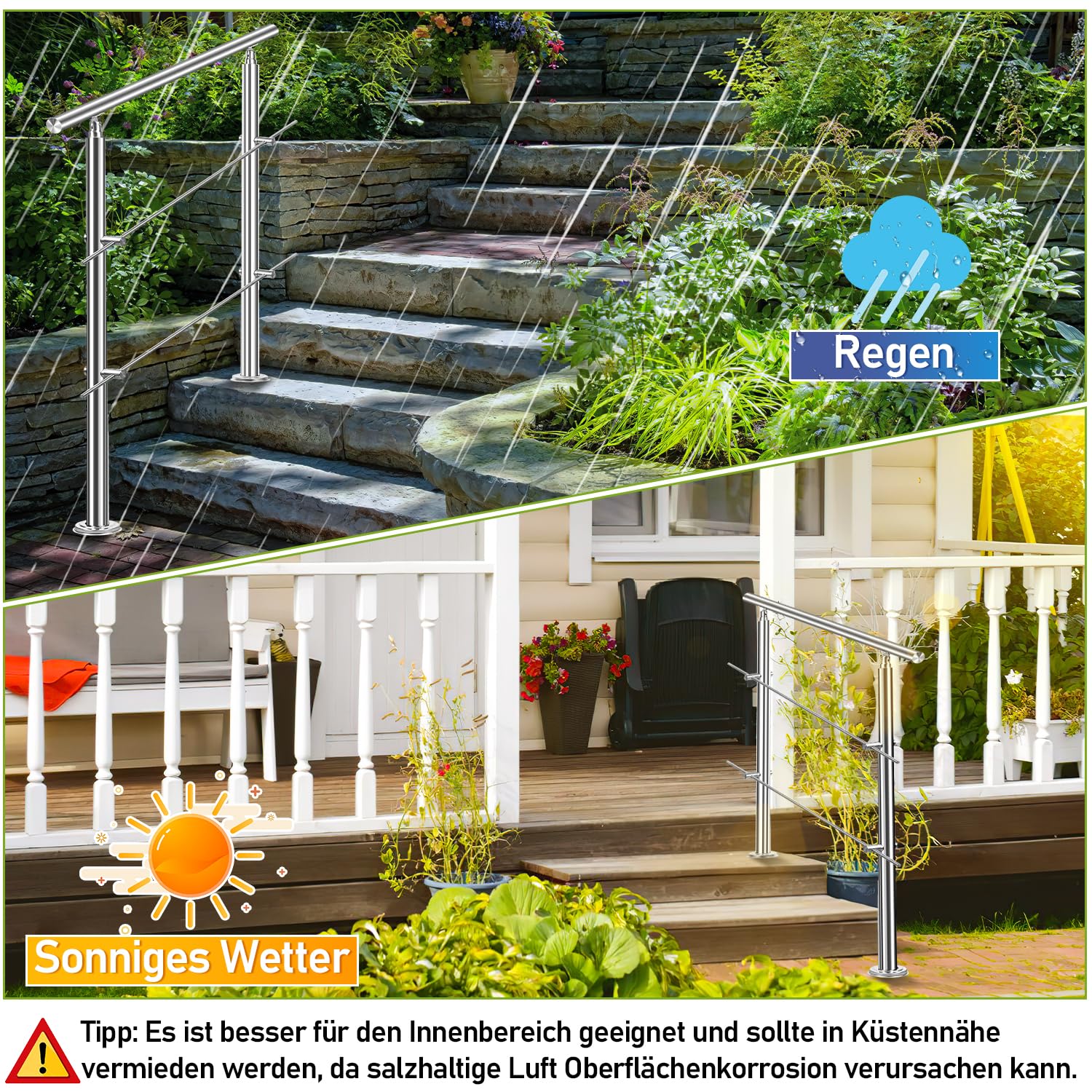 Lospitch Edelstahl Handlauf Geländer, Treppengeländer Innen und Außen, Geländer treppe für Balkon Brüstung Treppen, Winkelverstellbar, Ø 42mm(180cm, 2 Querstreben)
