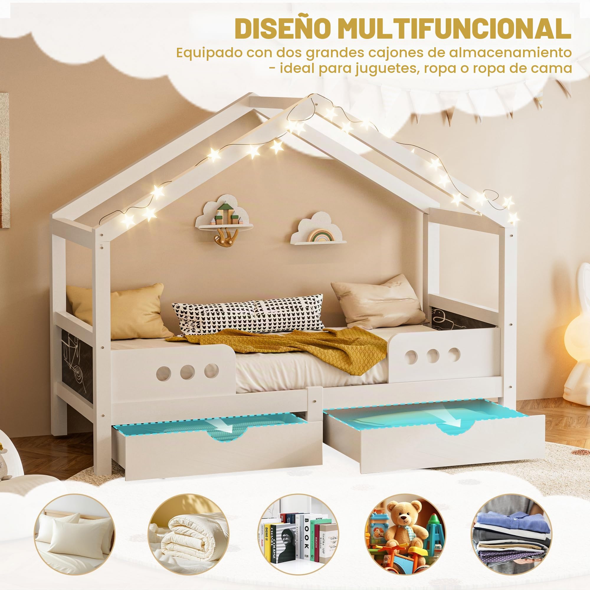 Cama infantil con techo 90 x 200 cm, color blanco, cama con 2 cajones grandes, pizarra en el cabecero, estructura de madera estable+tablero de fibra de densidad media, soporta hasta 120 kg