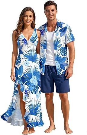 DRESSFO Couple Matching Hawaiian Outfits Flower Leaf Printed Ruffles Split Dress or Mens Short Sleeve Button Up Shirt