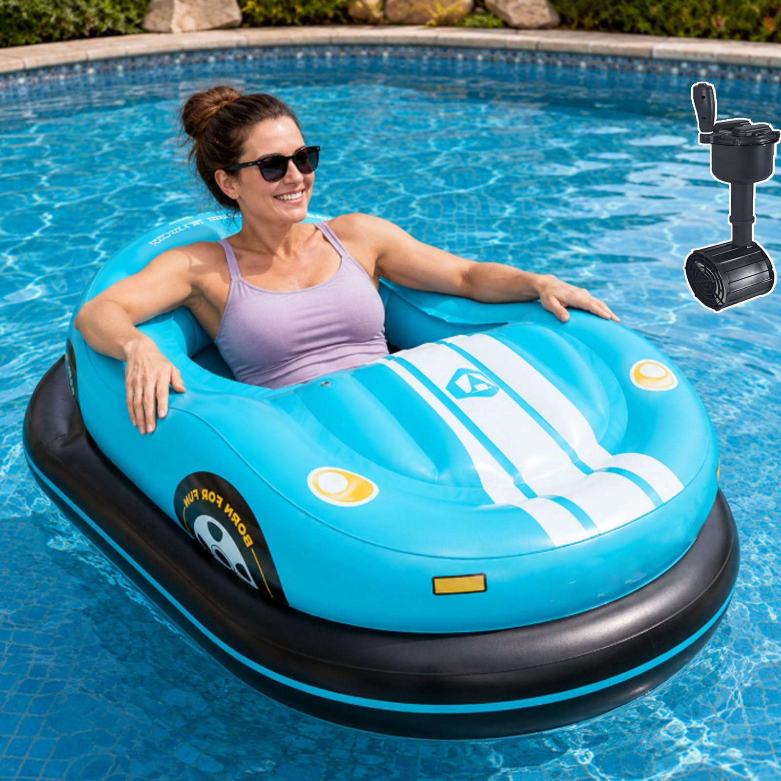 smafoseedding Inflatable Motorized Bumper Boat, Motorized Pool Float,Electric Inflatable Water Blob 50w Drive, 360° Spin,Joystick, 120kg Rider, Padded Seat, Cordless Pump, 0.4mm Pvc Folds