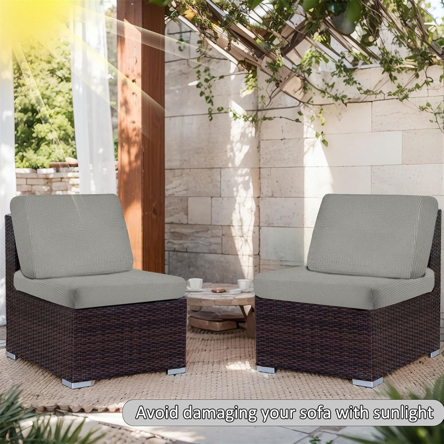 1/2/4/8 Pack Stretch Patio Cushion Covers - Waterproof Outdoor Seat Cover Replacement, Non-Slip Jacquard Sofa Slipcovers, Furniture Protector for Yard Couch (Light Grey,8)