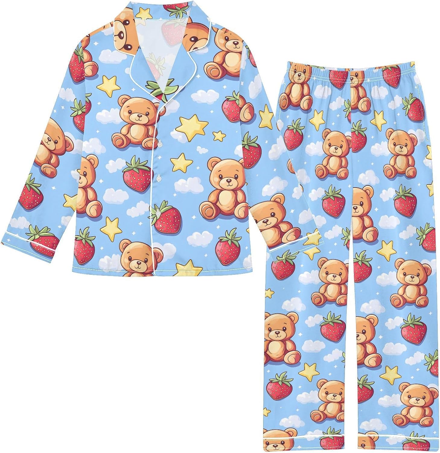 senya Bear Strawberry Star Blue Satin Pajama Sets Long Sleeves Nightwear Button Down Sleepwear