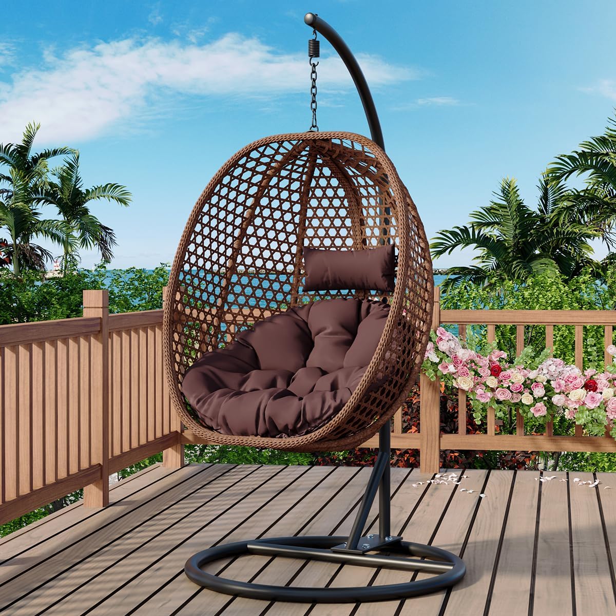 JUFU Egg Swing Chair with Stand,Hanging Egg Chair Indoor Outdoor,Hammock Hanging Basket Chair with Aluminum Steel Frame，Patio Egg Chair with Removable Cushions for Patio Balcony Backyard,Bedrooms