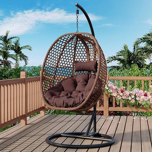 JUFU Egg Swing Chair with Stand,Hanging Egg Chair Indoor Outdoor,Hammock Hanging Basket Chair with Aluminum Steel Frame，Patio Egg Chair with Removable Cushions for Patio Balcony Backyard,Bedrooms - Round Design - Brown