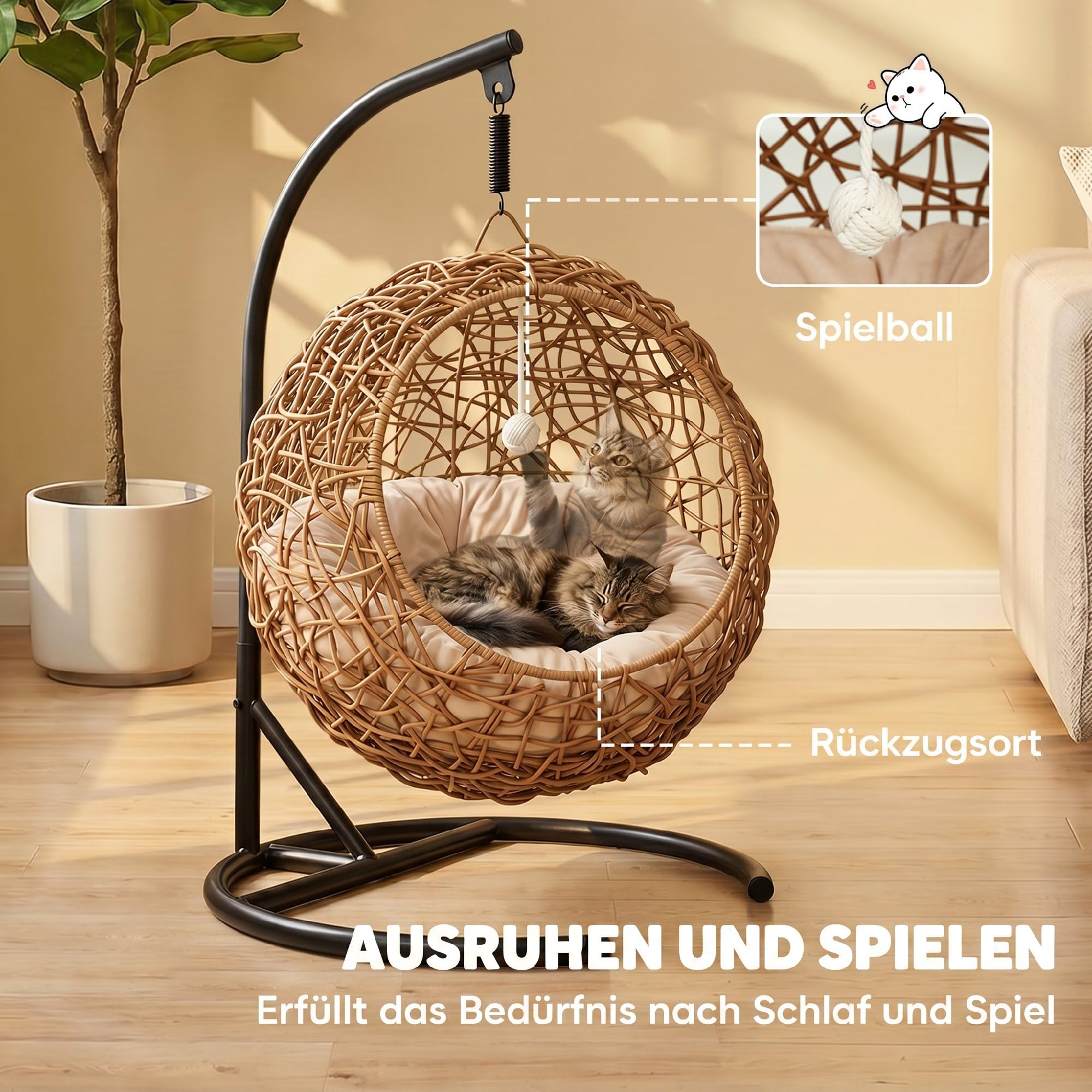 PawHut Cama para gatos de ratán con cojín lavable y pelota de juego, cesta colgante con estructura, casa para gatos de hasta 10 kg, 45 x 41 x 75 cm, marrón claro