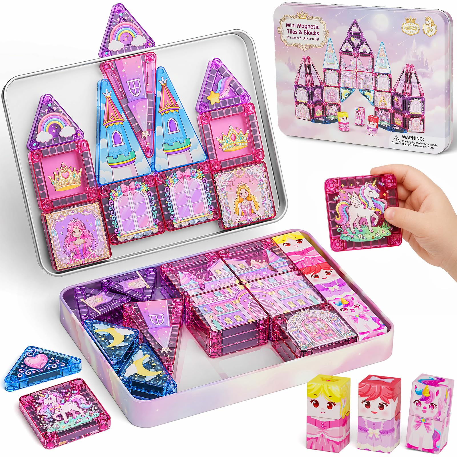YOGOHEE Magnetische Bausteine Reiseset Einhorn: 42 Teile für Mädchen | Metallbox als Baufläche Magnetische Tiles Prinzessin 408g leicht Reisespielzeug für Auto/Flug/Zug ab 3 Jahren