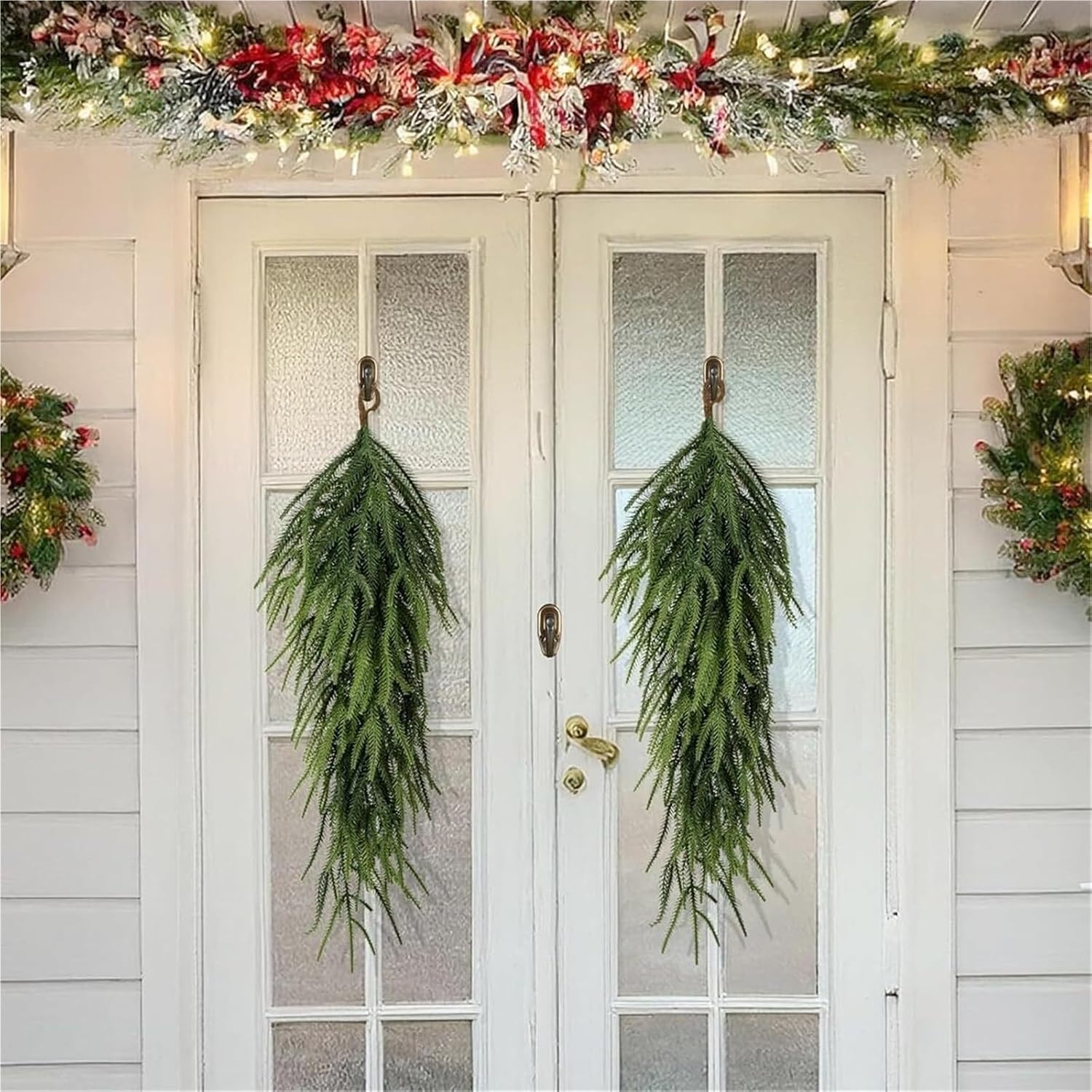 Extra Length Artificial Christmas Teardrop Swag, Norfolk Greenery Teardrop Wreath for Door Mantel Fireplace Stairway Indoor Outdoor Winter Decor