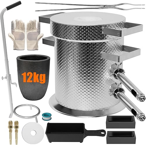 MMasters 12KG Stainless Steel Propane Melting Furnace Kit, 12kg Silicon Carbide Graphite Crucible, Max 2400°F Casting Furnace Foundry Kiln, Recycle Aluminum Cans and Scrap Metal Casting Mold