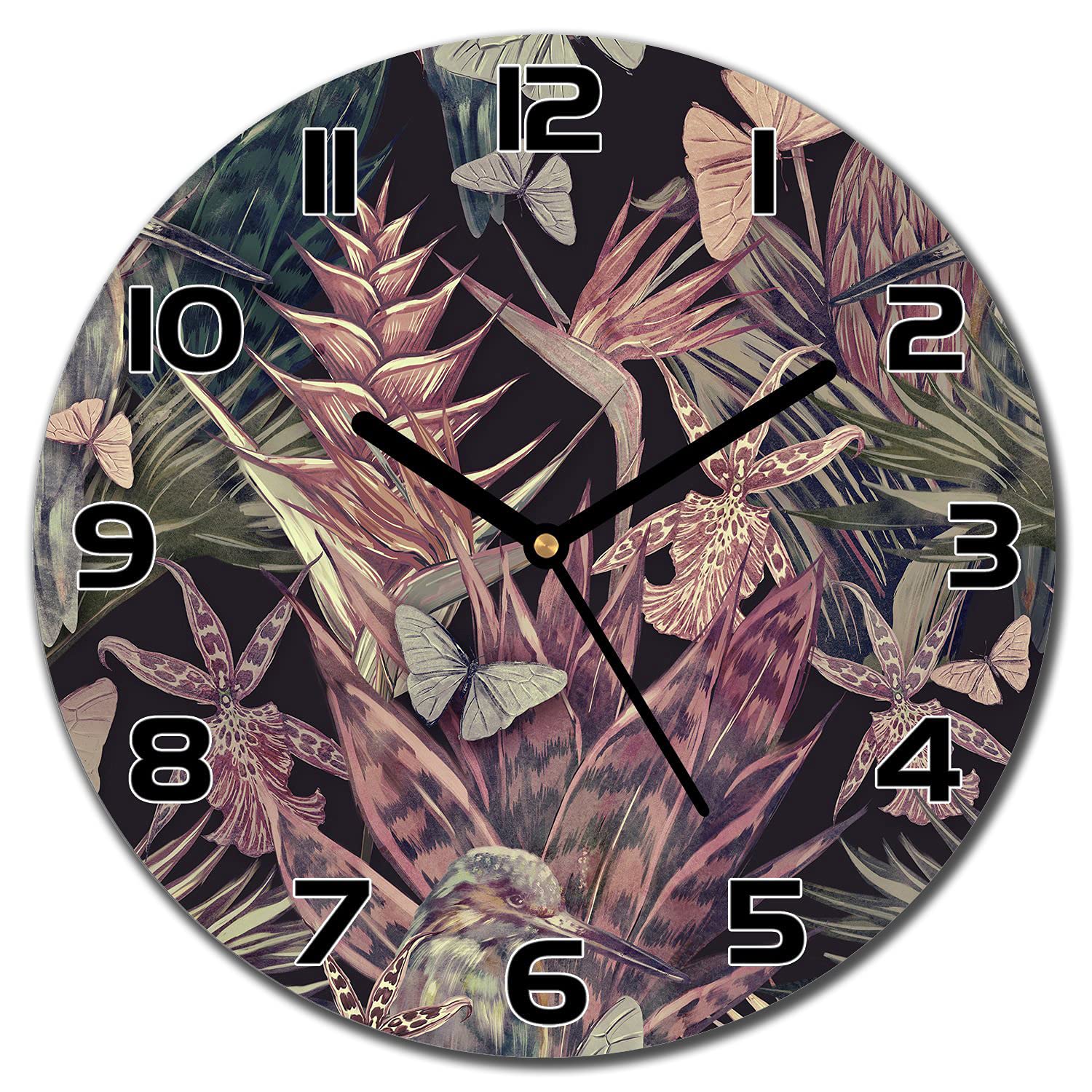 Horloge en verre moderne 30 cm aiguilles noires feuilles Monstera