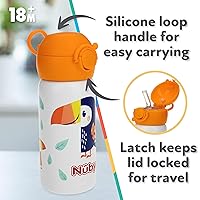 Vista 5 de Nuby Thirsty Kids - Vaso de viaje o botella de agua de acero inoxidable antiderrames Flip-It Active - 14 oz - Más de 18 meses - Tucán blanco
