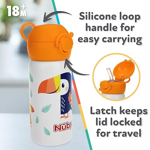 Miniatura 5 de Nuby Thirsty Kids - Vaso de viaje o botella de agua de acero inoxidable antiderrames Flip-It Active - 14 oz - Más de 18 meses - Tucán blanco -