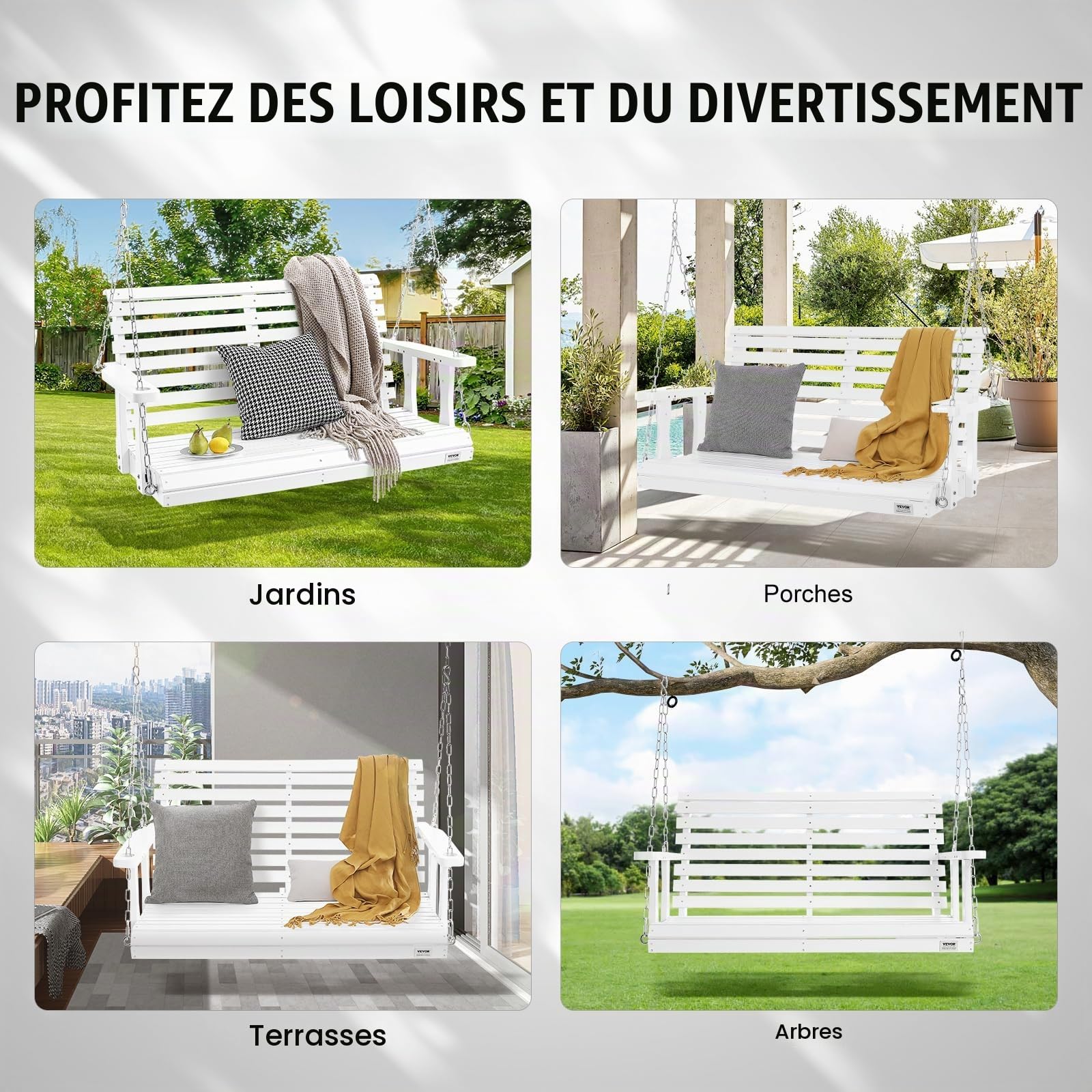 VEVOR Balançoire de Porche en Bois, 1240x710x600 mm, Banc de terrasse pour Cour et Jardin, Forte capacité de Charge 400 kg, Banc de balançoire Robuste avec chaîne de Suspension pour extérieur, Blanc
