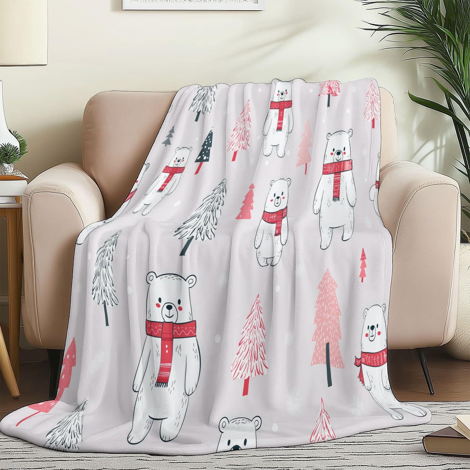 Manta de vellón Sherpa con Oso Navideño De Dibujos Animados, Blanco Manta de Felpa para sofá, decoración de habitación para bebé, para Invierno, para sofá, tamaño 127 x 152 cm