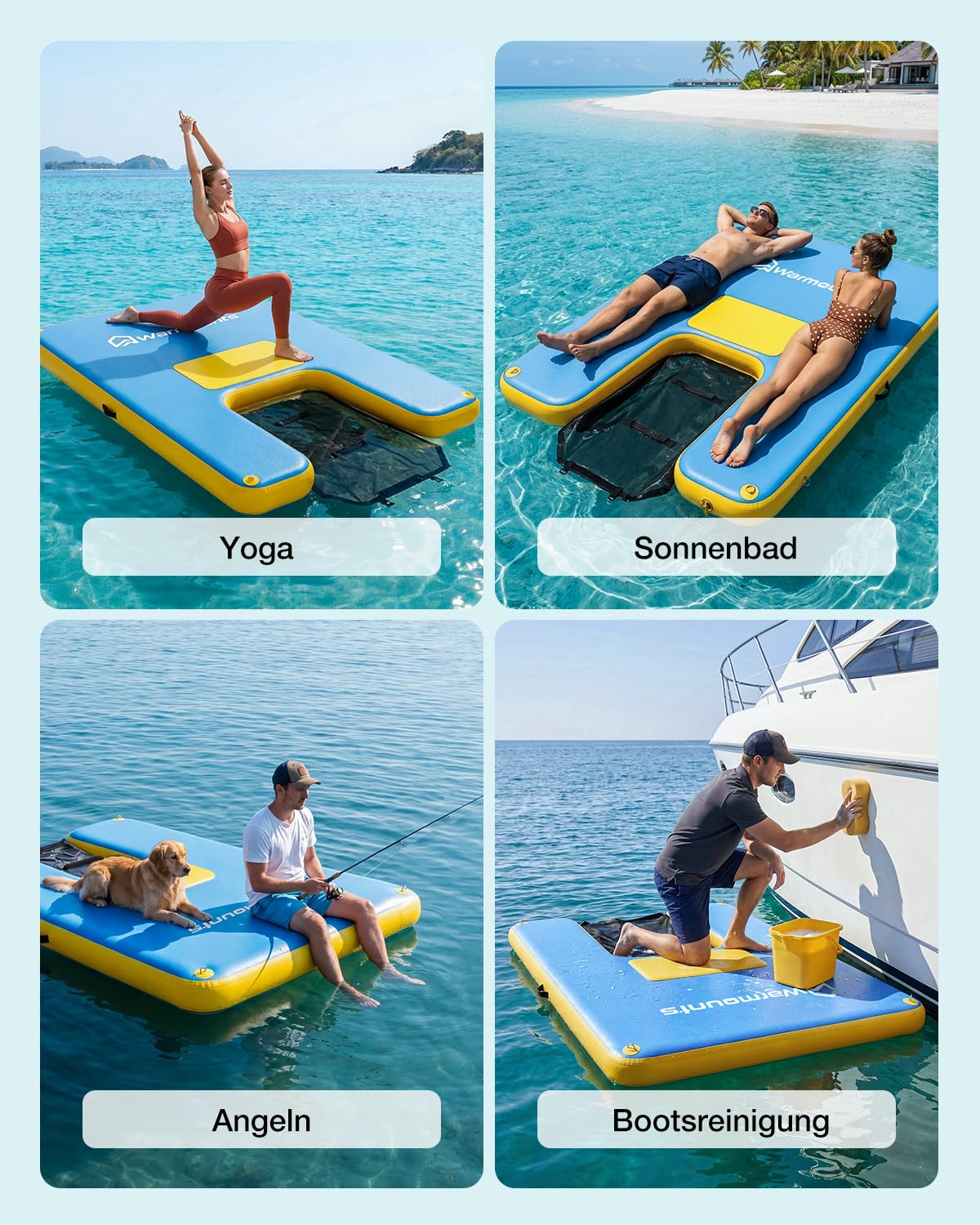 WARMOUNTS Aufblasbare Schwimminsel mit Hunderampe, 244x183cm Schwimmplattform Wassermatte für Erwachsene und Hunde, 317kg Tragkraft Drop-Stitch Badeinsel mit Pumpe, Tasche für See, Pool und Boot