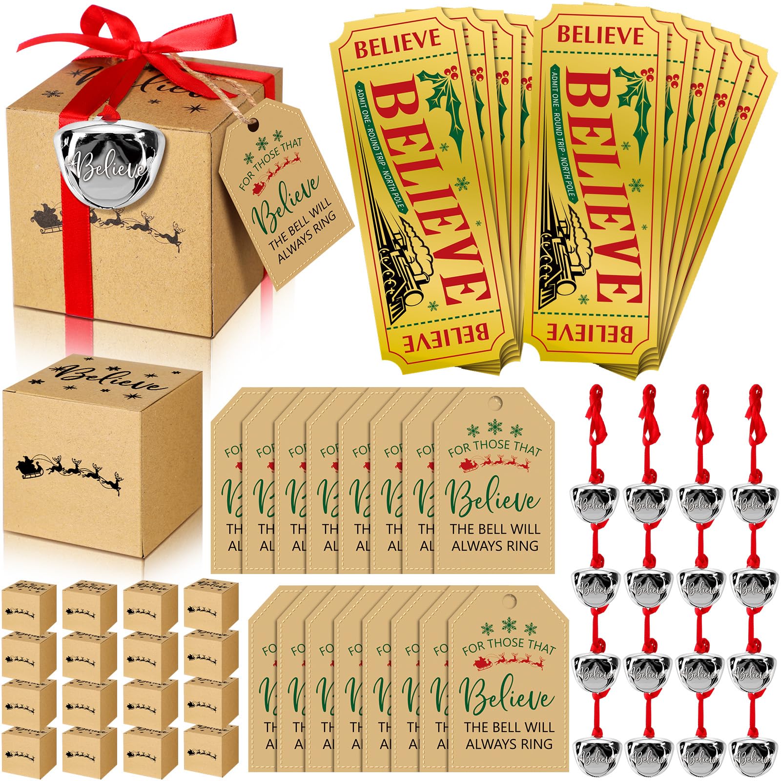 Dispowreath 16 Set Christmas Believe Bells Sleigh Bell Gifts Santa Ornament with Ribbon Train Ticket Believe Tag Gift Box for Party Favor Xmas Stuffers Tree Decor