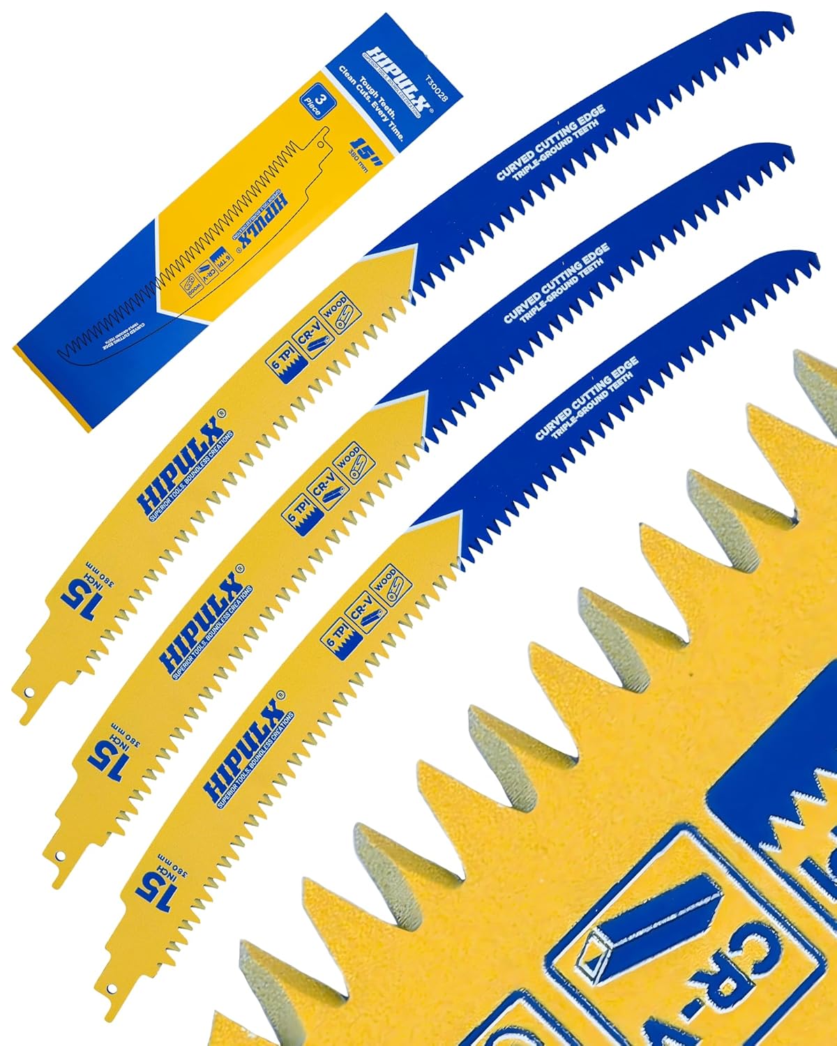 15-Inch Japanese Teeth Reciprocating Saw Blades, 6 TPI Curved Cutting Edge Sawzall Pruning Blade for Wood Cutting, Curved & Triple-Ground Teeth Design for Fast, Smooth Cuts (3 PCS)
