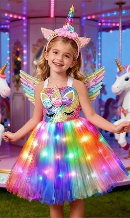Unicorn Costumes for Girls LED Light Up Unicorn Princess Tutu Dress for Halloween Birthday Party Gifts