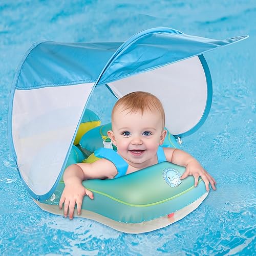 Doctor Dolphin Flotador de piscina para bebés con cola de boya y bolsa de aire antiretroceso, flotador inflable para nadar con toldo para niños de 6
