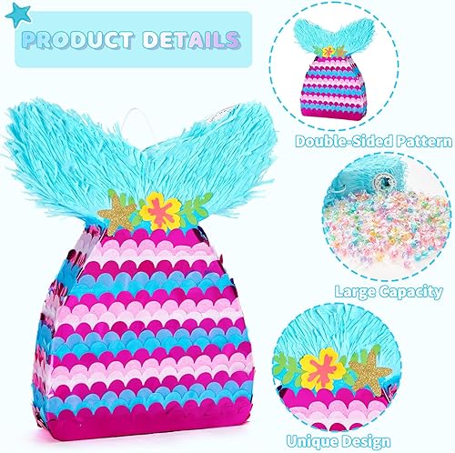 Miniatura 236 de WERNNSAI - Piñata de sirena plegable, piñata de cumpleaños con flecos que incluye cuerda para jalar, venda y bate. Decoraciones