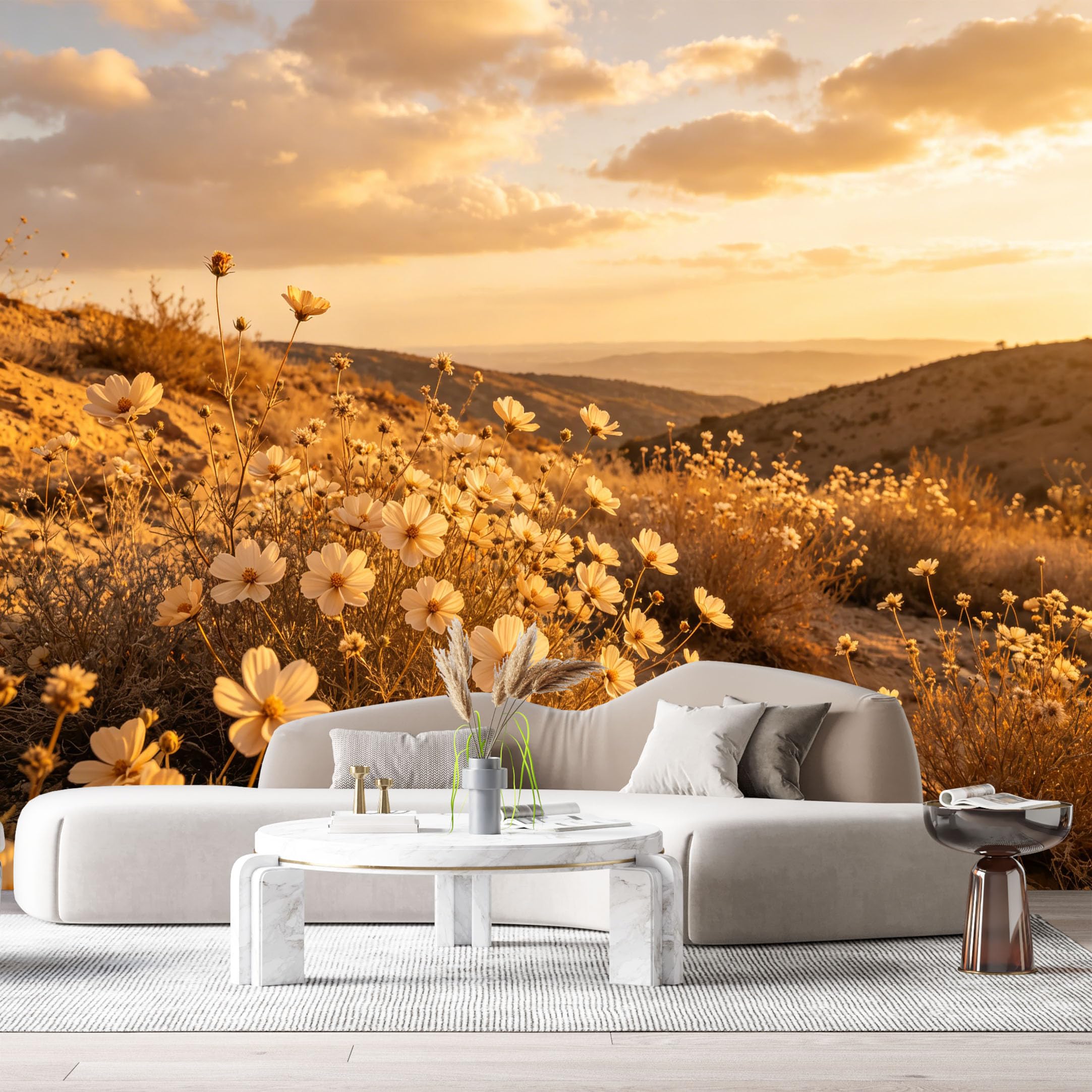 Custom Size Wall Murals Sunset Meadow Botanical Landscape Watercolor Painting SelfAdhesive Wall Fabric Removable Large Wallpaper Photo for Living Room
