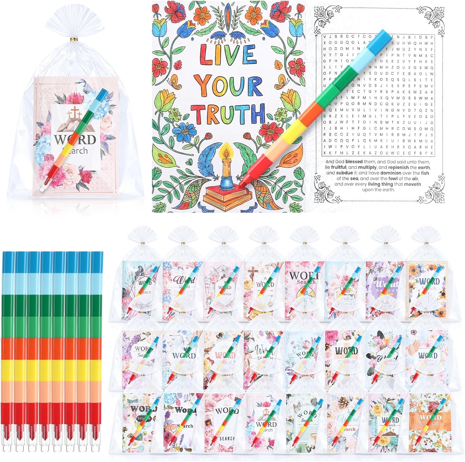 24 Pcs Bible Verse Coloring and Word Search Activity Books Bulk with 24 Crayons Mini Inspirational Scripture Activity Kit for Church Party Favors Sunday School Supplies Christian Gifts