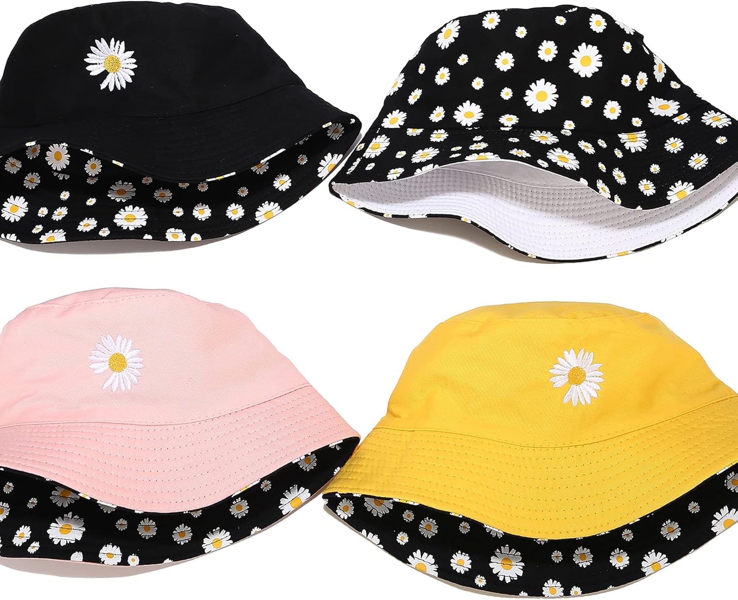 Flower Reversible Bucket Hat Cotton Summer Travel Beach Sun Hats Emboridery for Women Men - Image 6