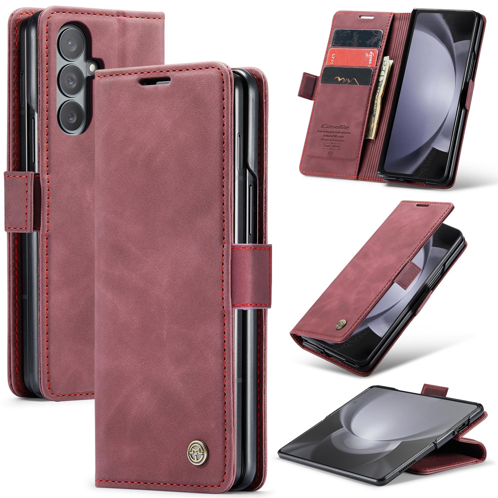 Lanranwa Handyhülle für Samsung Galaxy Z Fold 7 5G Hülle Premium Lederhülle Klappbar Flip Case Handytasche Schutzhülle Klapphülle Standfunktion für Samsung Galaxy Z Fold 7 -Weinrot