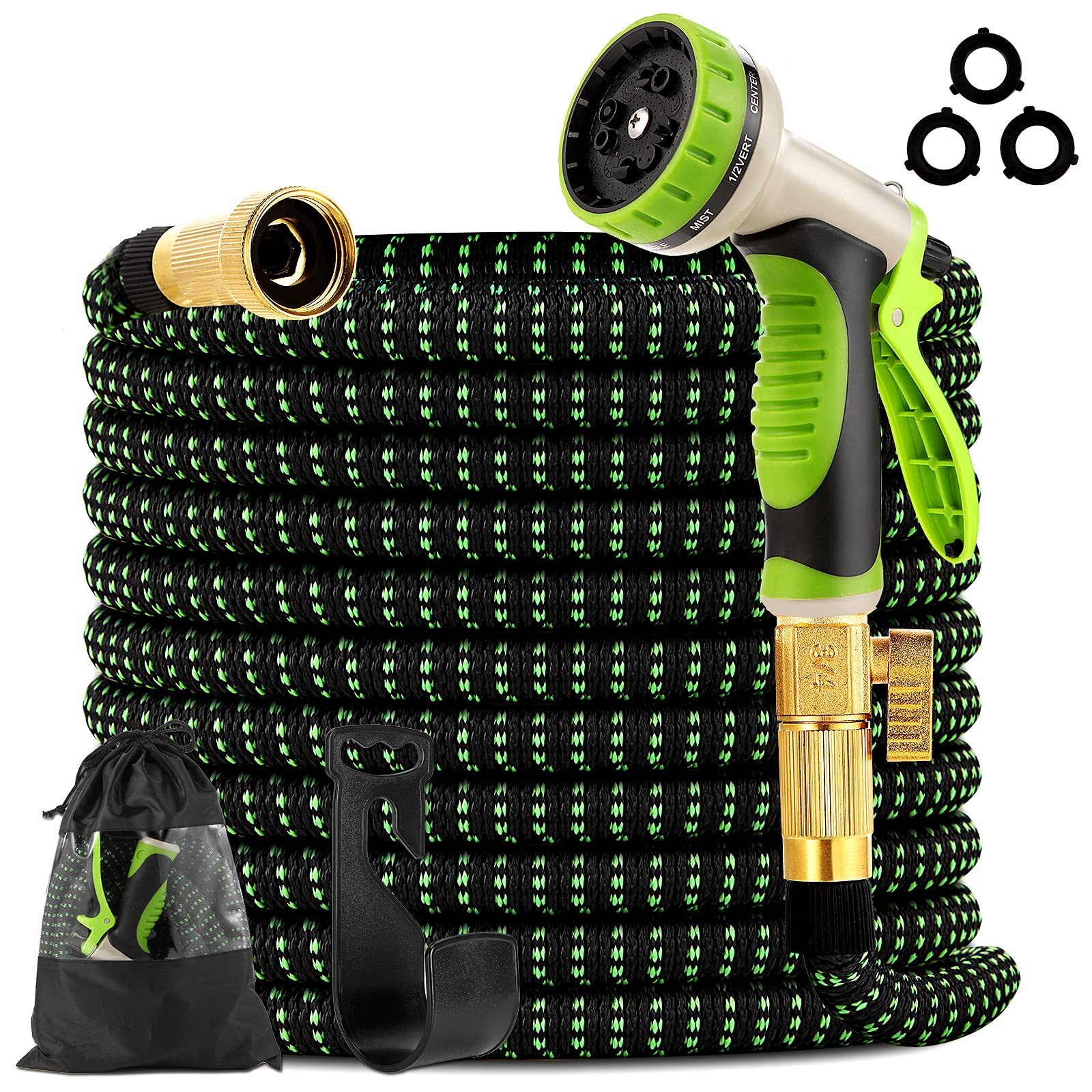 Takuvan Expandable Garden Hose 100ft - Expanding Water Hose with 9 Way Spray Nozzle and 3/4" Solid B