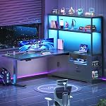 SEDETA L Shaped Standing Desk, Reversible Computer Office Desk with Drawers & Hutch, Stand Up Corner Gaming Desks with LED Lights & Power Outlets for Home Office, Black