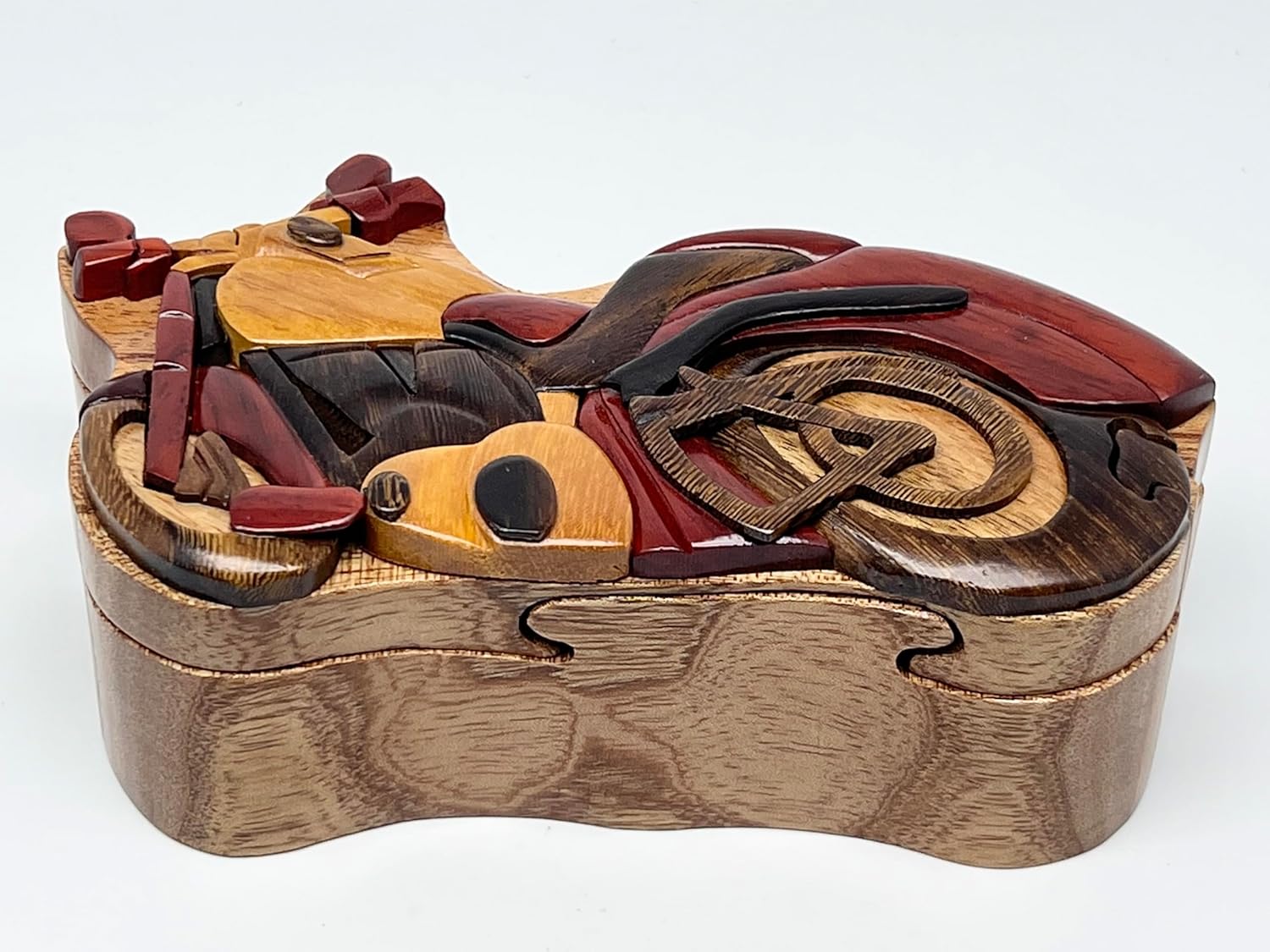 Motorcycle Wooden Puzzle Box - Hand Carved Wood Trinket Box - All Natural Intarsia Wood Art