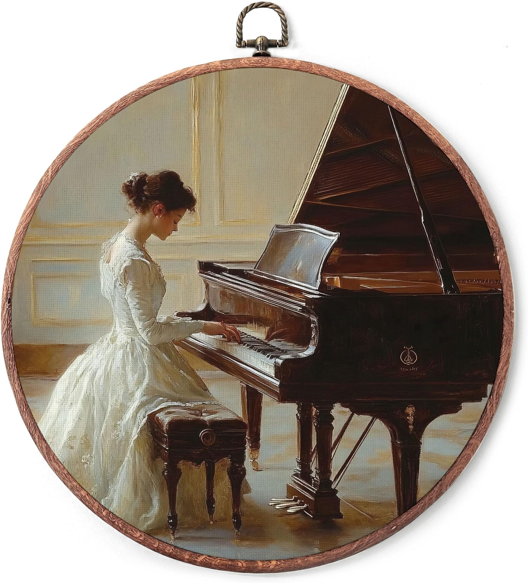 Elegant Lady Playing Piano Wall Art Decor, Canvas Print Round Wall Hanging Decor, Framed, 10x10 Inch.(019)