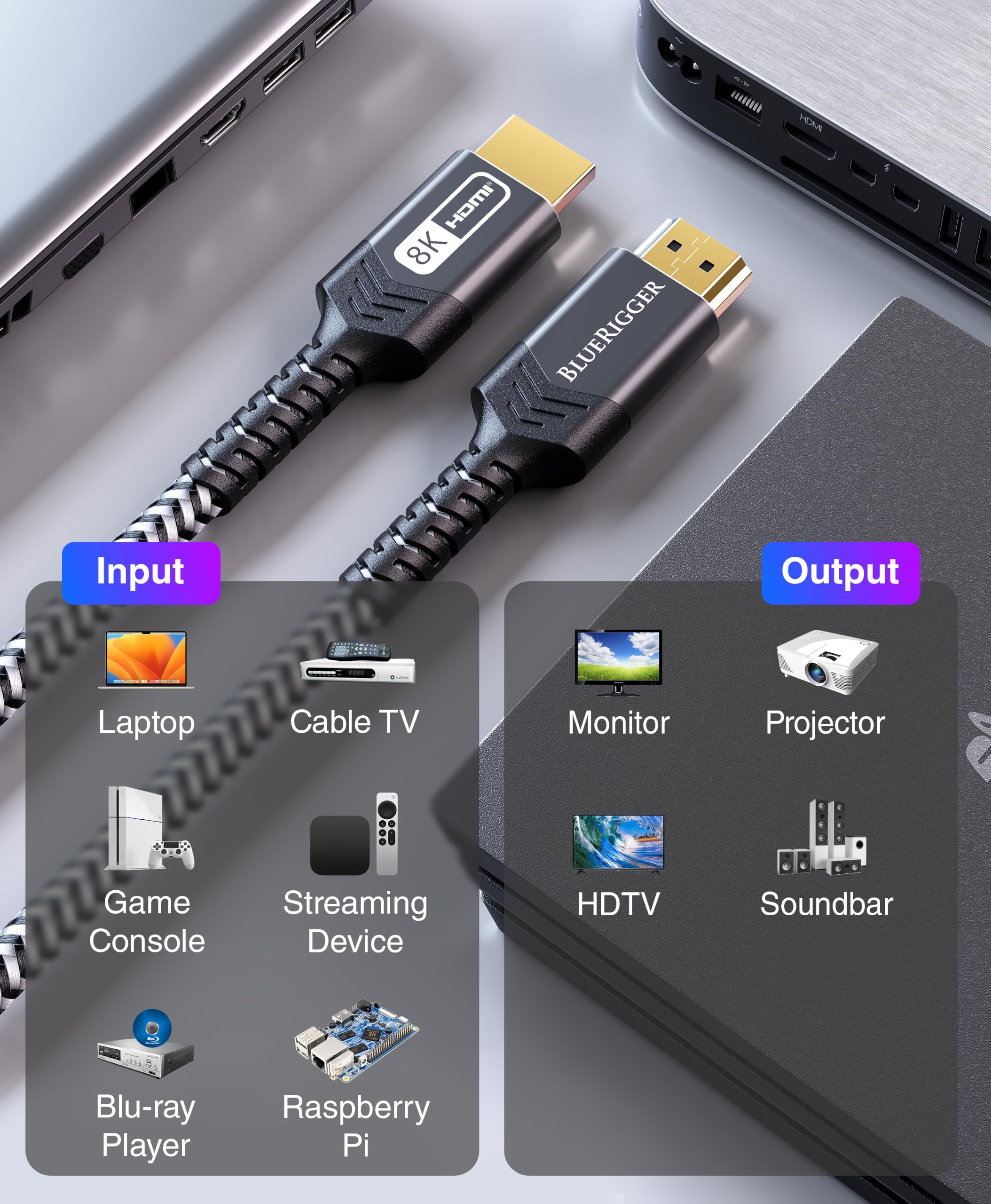 BlueRigger Ultra Series - Cable HDMI a HDMI 8K con velocidad de 48 Gbps, (4,5 metros) soporta 8K a 60Hz, 1080p FullHD, UHD/Ultra HD, 3D, alta velocidad con Ethernet, ARC, PS4, Xbox, HDTV