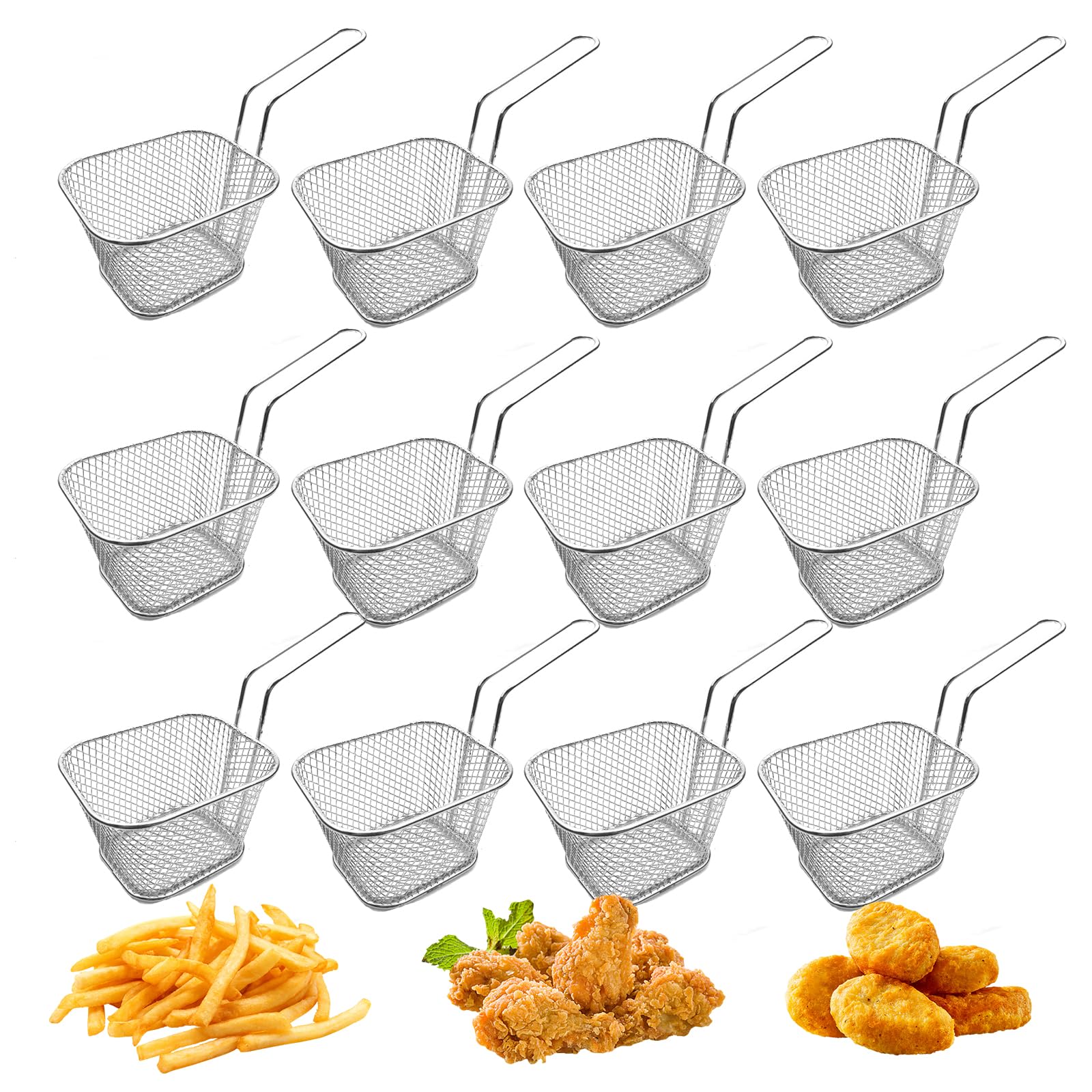 12 cestini per patatine fritte, in acciaio inox, piccoli, mini cestini da portata con manico, per patatine, patatine fritte, per patatine fritte (argento)