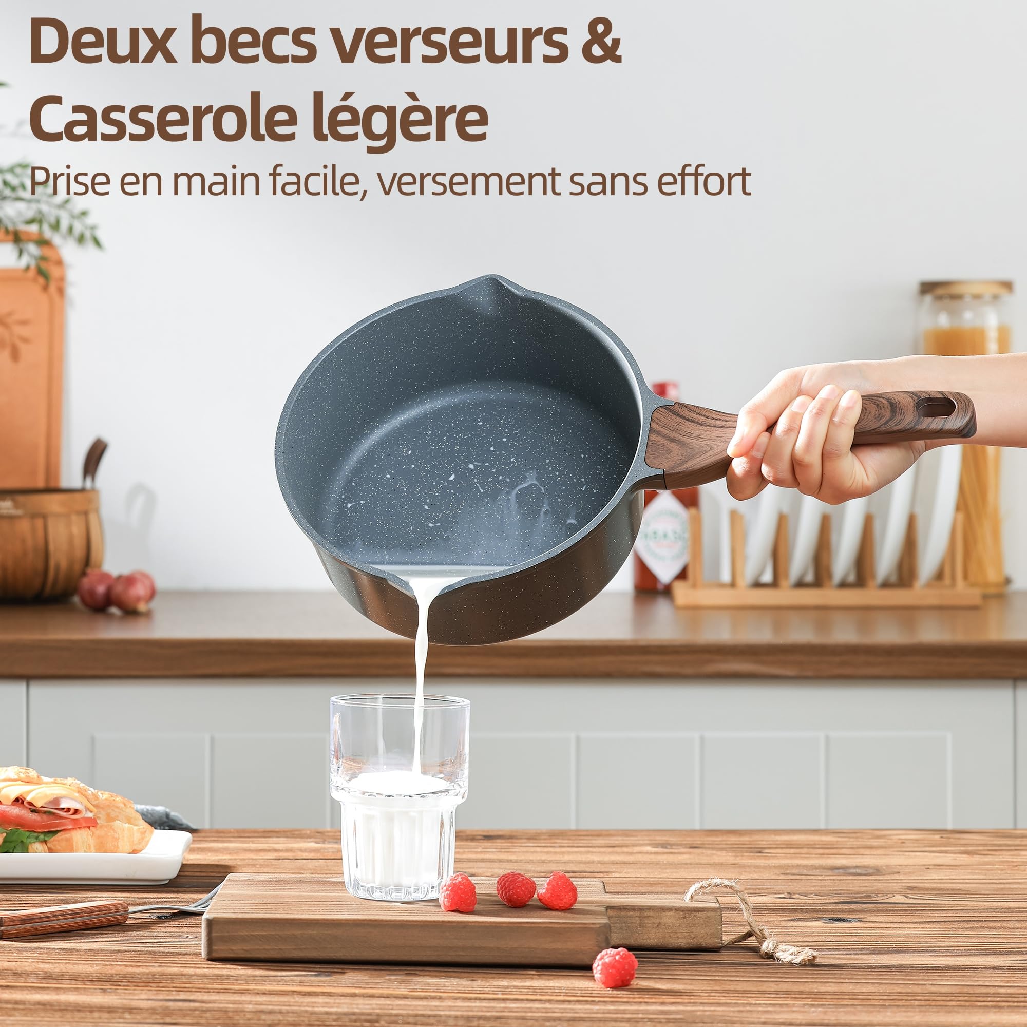 SENSARTE Casserole Induction 22 cm 3L Antiadhésive, Revêtement Granit, Couvercle Verre, 2 Becs Verseurs, Poignée Ergonomique, Compatible Tous Feux et Lave-Vaisselle
