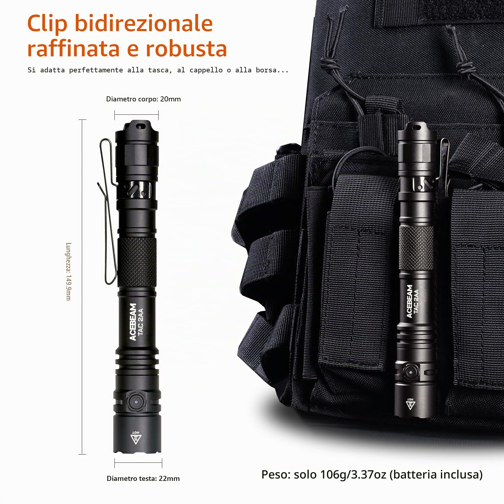ACEBEAM TAC 2AA EDC Torcia tattica a doppia modalità ricaricabile, 1600 lumen ad alta luminosità, torcia a LED con tasca a doppio interruttore, super luminosa, piccola luce flash per emergenza