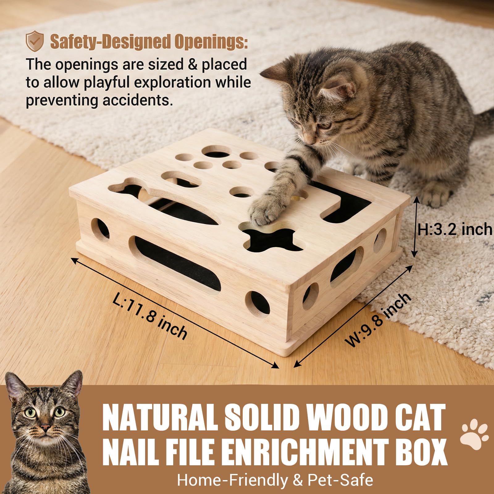 Caja de enriquecimiento de rompecabezas para rascar gatos, caja de enriquecimiento de lima de uñas de gato de madera maciza lisa con papel de lija integrado, caja de lima de uñas para gatos