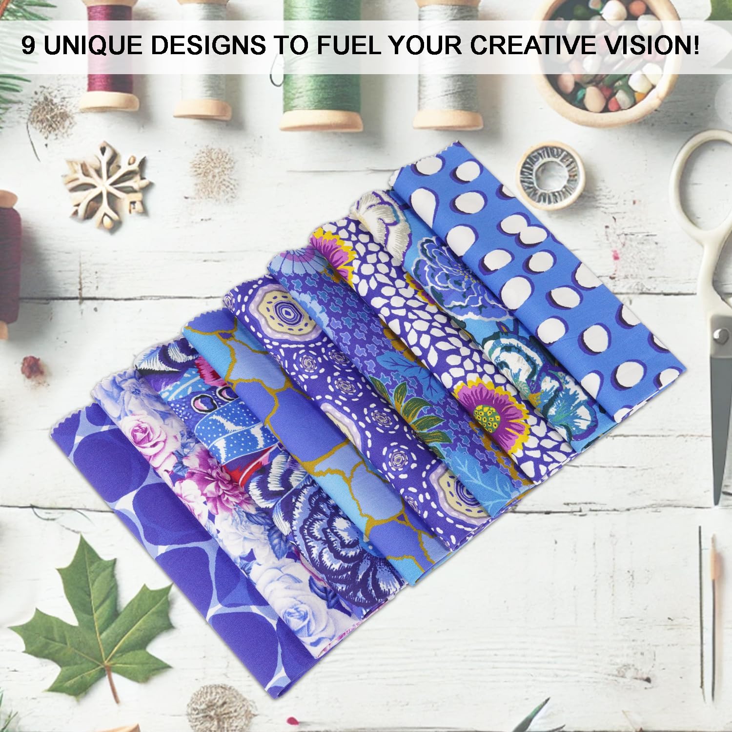 Soimoi 9 Pezzi Fat Quarter Bundle Tessuto di Cotone 100%, Forniture per Fai da Te Tessuto Patchwork Quilting, Tessuto per Cuscini Patchwork Quilting Tessuto di Cotone per 18" x 22" - Blue Harmony