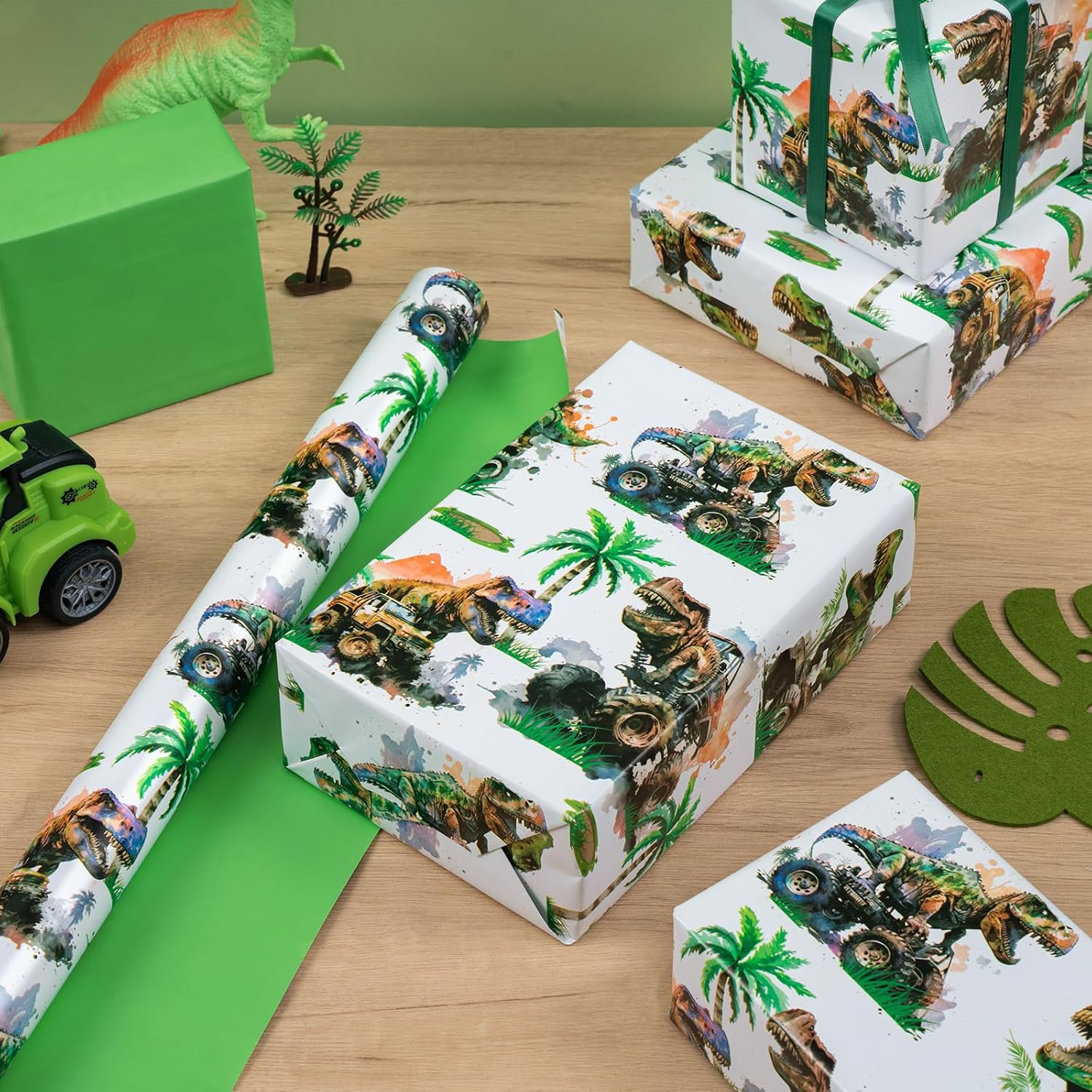Reversible Dinosaur Wrapping Paper Roll, Mini Roll, Watercolor