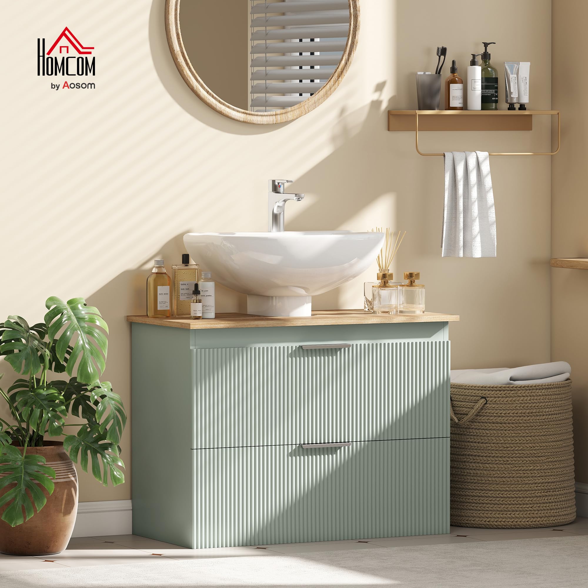 HOMCOM Meuble sous lavabo, Meuble de Salle de Bain avec 2 tiroirs, Armoire de Salle de Bains sous lavabo, Style Moderne, 80 x 40 x 60 cm, Vert et Bois Naturel