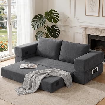 74 Inch Boneless Couch,3-in-1 Folding Convertible Sofa Bed with Reversible Chaise,Oversized Corduroy Upholstered,Linen Upholstered Loveseat with Two Throw Pillows for Living Room Bedroom Dark Gray