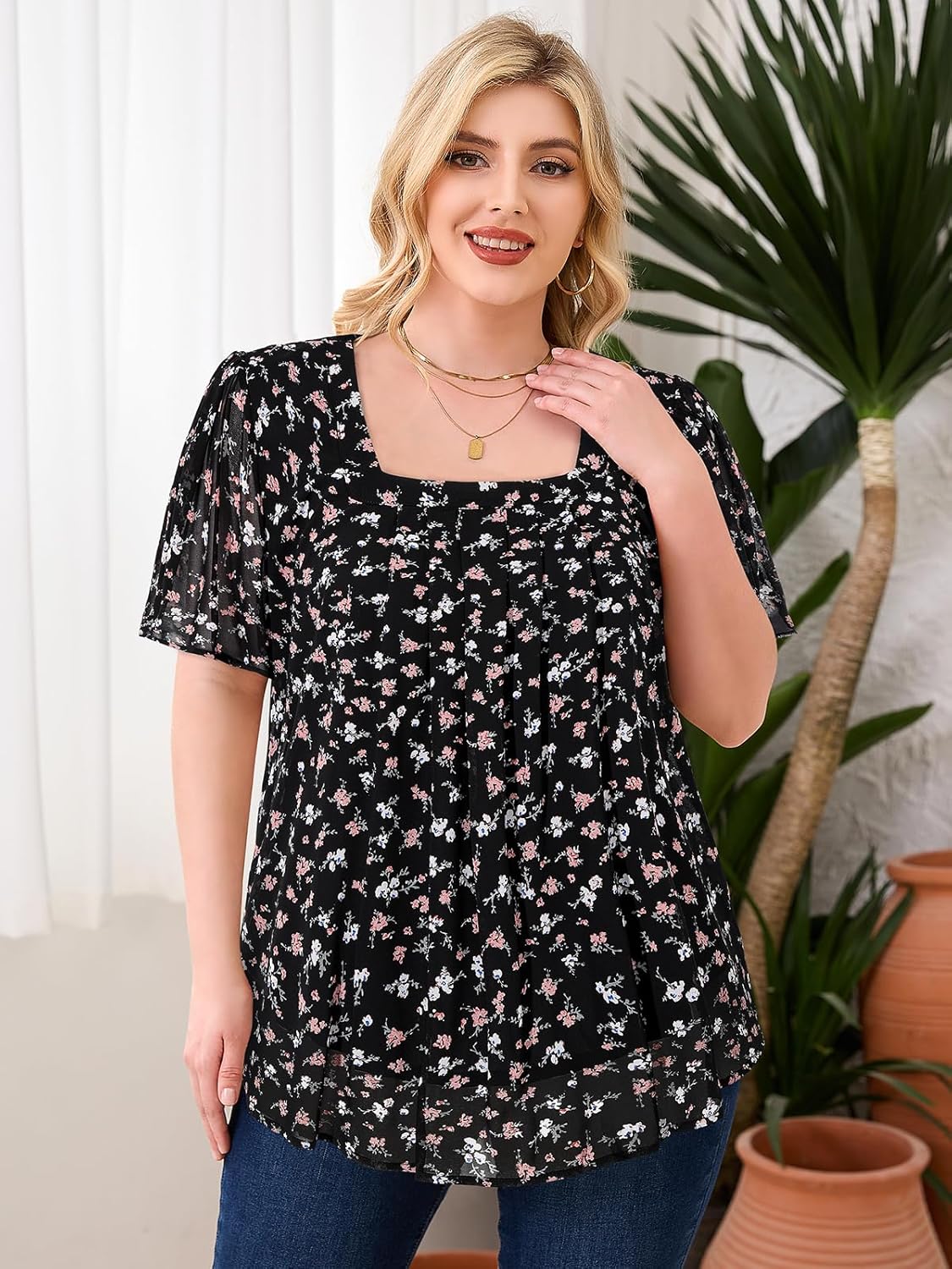 Amrto Plus Size Tops for Women Chiffon Blouses Square Neck Short Sleeve Fall Summer Business Casual Trendy(XL-5XL) - Image 3