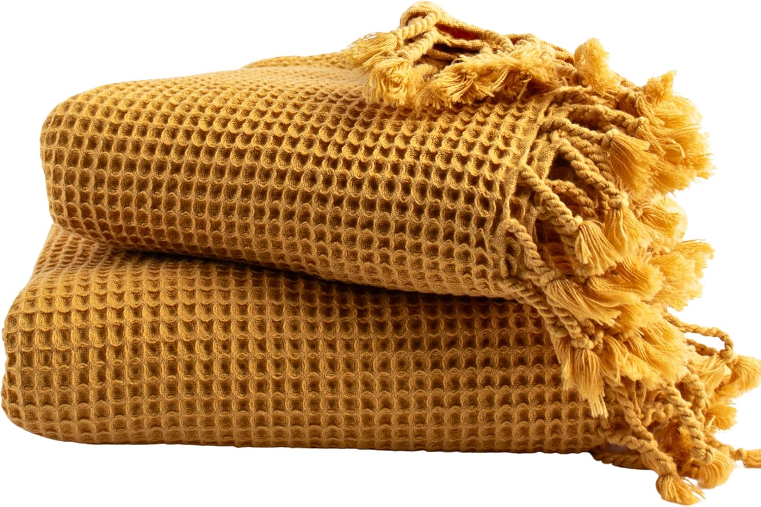 PÜSKÜL 2-Piece Luxury Turkish Beach Towels Waffle Weave | Natural 100% Turkish Cotton Towels | Soft Absorbent Sand-Free Quick Dry Light Peshtemal | Oversized Bath Sheet Towel 35x70 (Mustard Yellow)