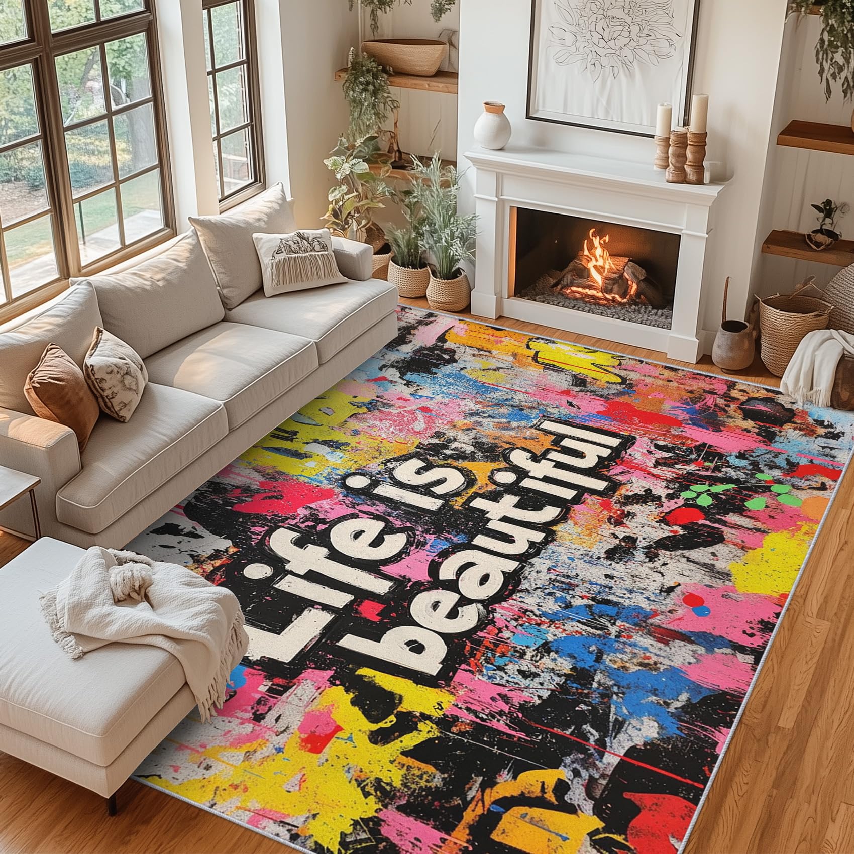 Moquette salon art urbain tapis graffiti 160 x 230 cm poils courts doux